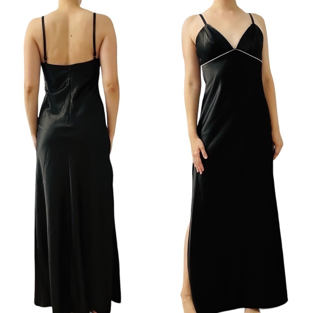 Vintage 1990s Formal Dress Long Black A-line Satin Beaded Minimalist Size Medium